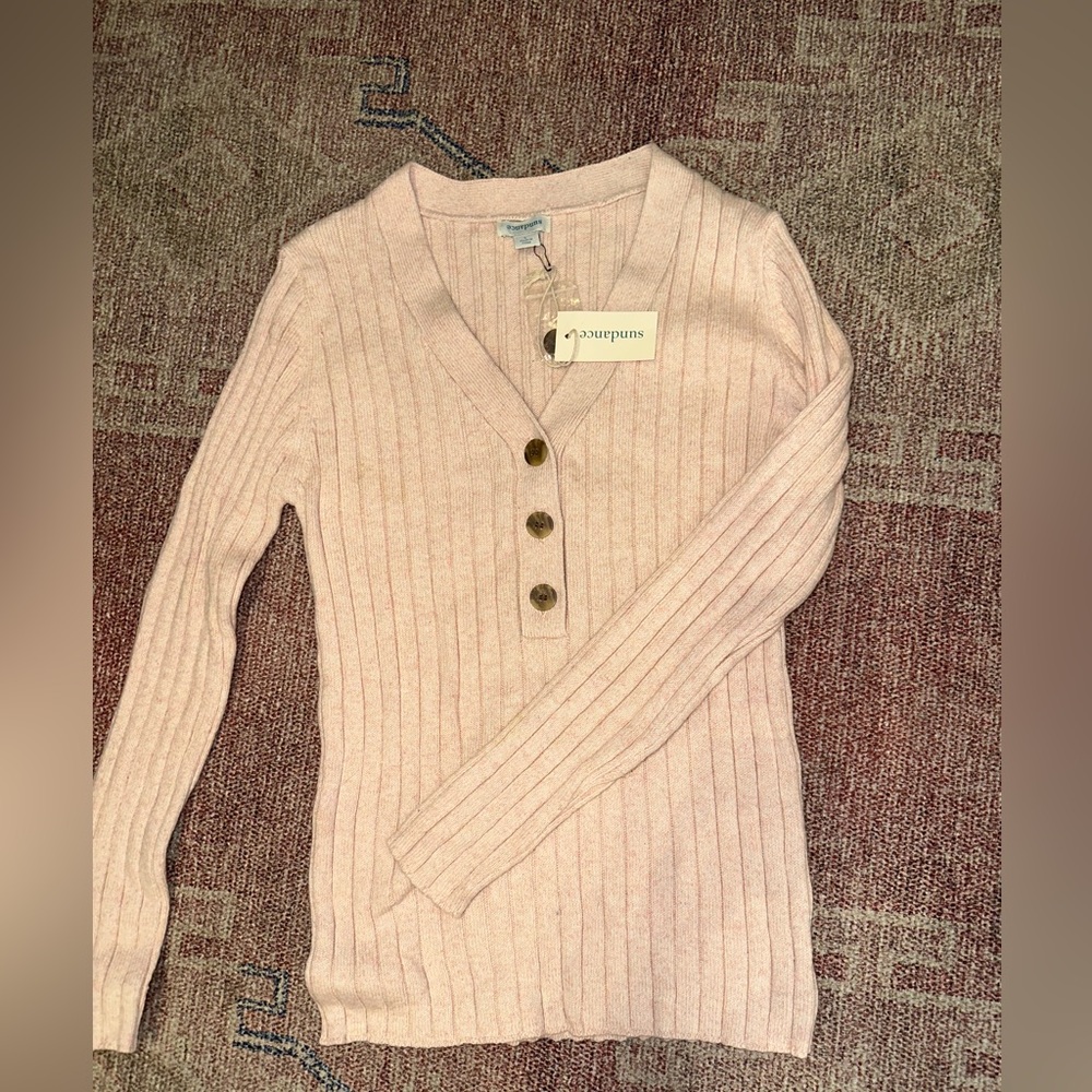 Sundance Ribbed V-Neck Button Sweater in Light Pink - Picture 3 of 11